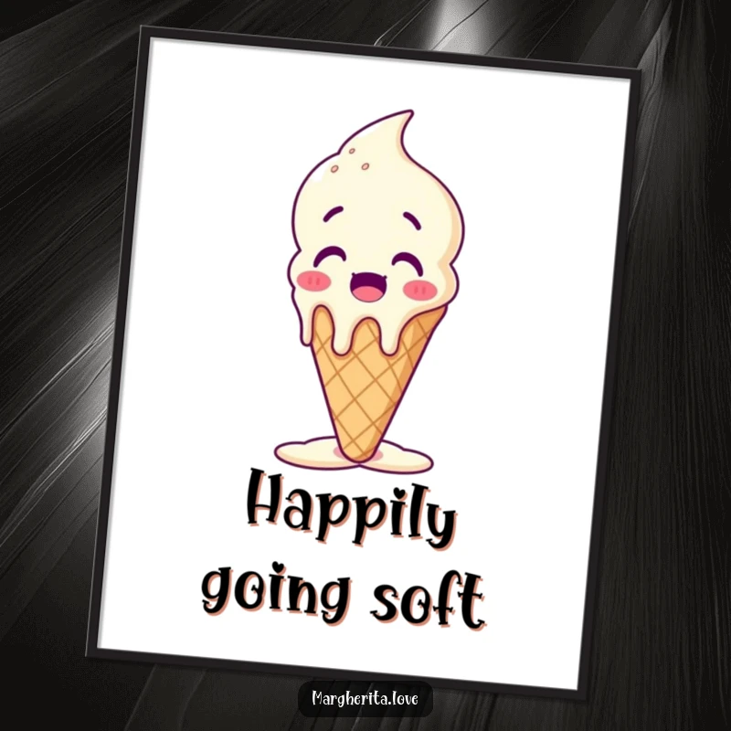 Funny melting ice cream cone digital art print featuring a surprised character melting happily, perfect for instant decoration.
