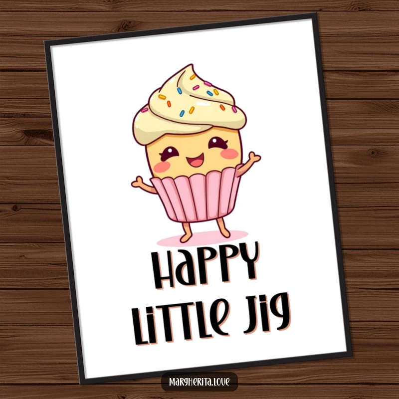 A giggling cupcake with sprinkles doing a little jig, available as a funny digital art print, ideal for joyful decor.