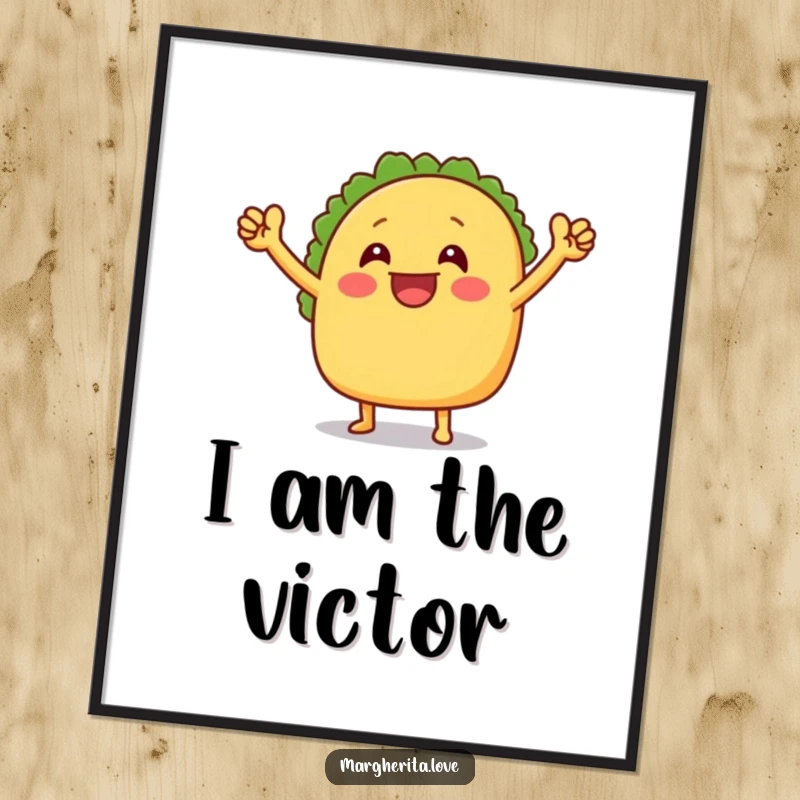 Funny digital art print of a grinning taco performing an ecstatic victory dance, ready to bring cheer to any space.