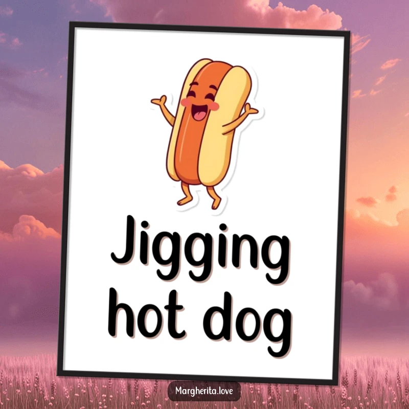 Funny digital art print of a goofy hot dog character doing a silly jig, offering instant downloadable fun and vibrant humor.