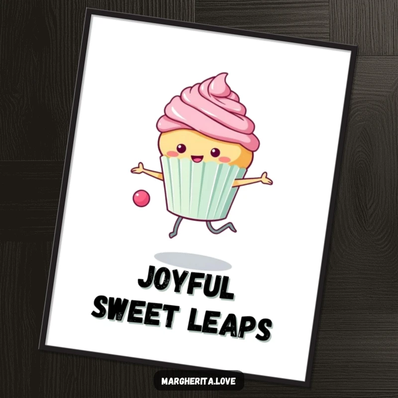 Funny digital art print: A happy anthropomorphic cupcake skips rope with frosting flying, capturing energetic and sweet fun.