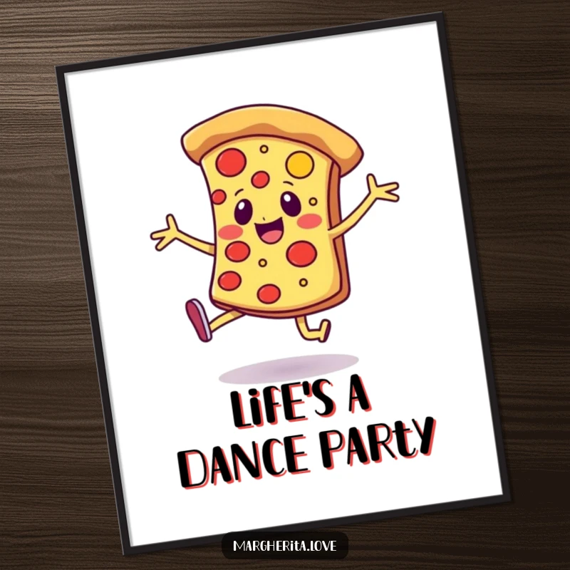 Funny digital art print of a cheerful pizza slice with legs, dancing joyfully, ideal for vibrant and happy decor.