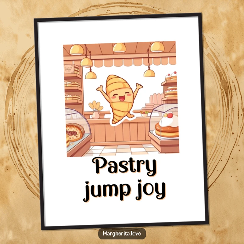 Funny digital art print of a cheerful croissant character joyfully leaping, perfect for instant, delightful bakery decor.