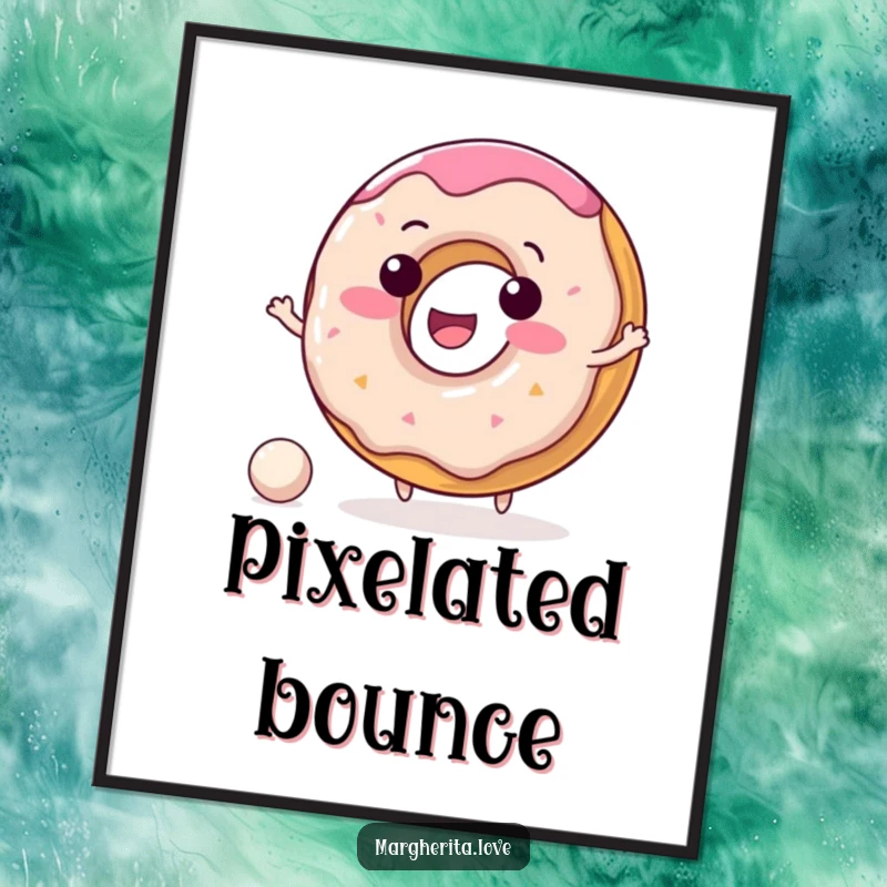 Funny donut digital art print of a delighted donut character happily bouncing a tiny ball, ready for download.