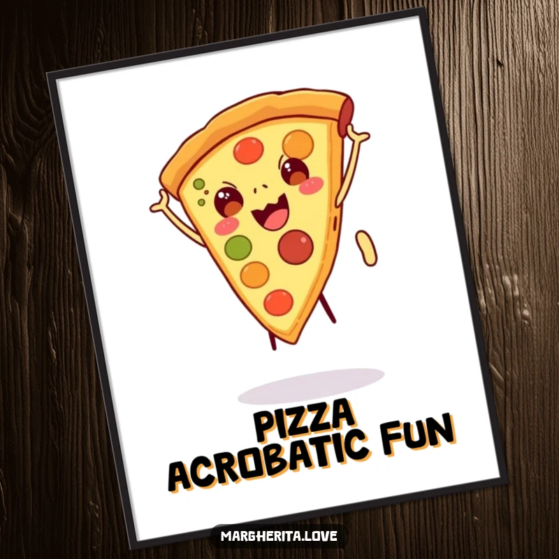 Funny digital art of a happy pizza slice with legs doing a cartwheel, bringing energetic and playful humor to any room, funny gift.