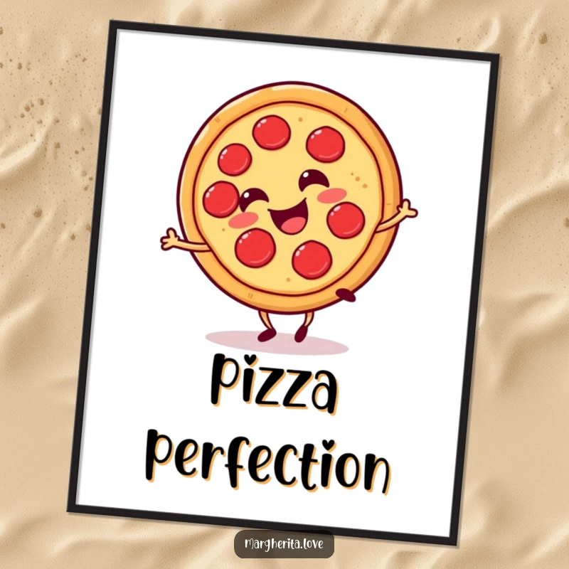 Funny pizza slice cartwheel digital art print, a smiling pizza slice gleefully cartwheeling, instant cheesy decor.