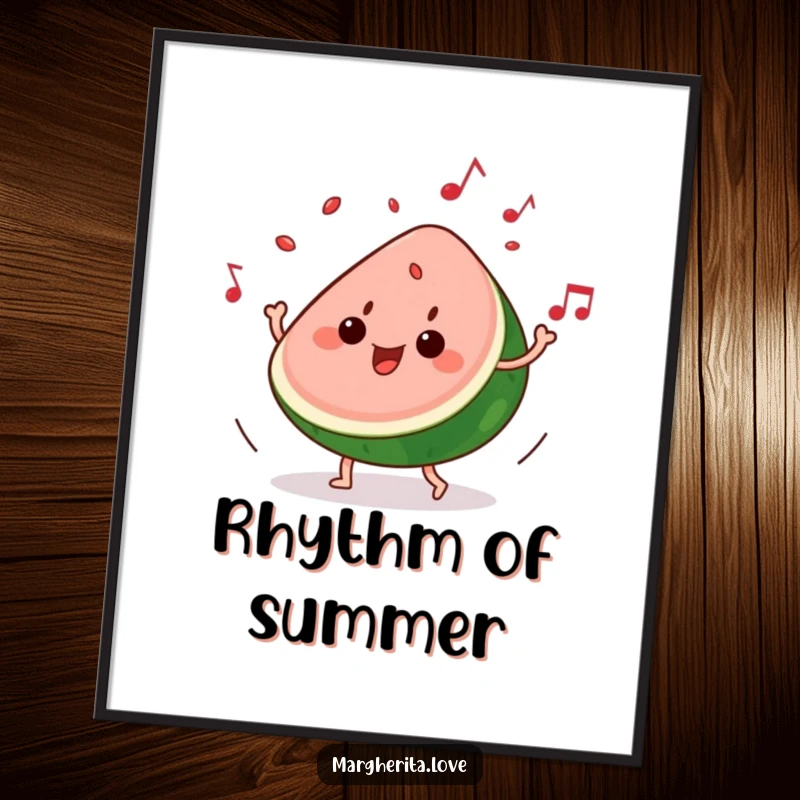 Funny digital art print: A slice of watermelon dances to music, seeds playfully popping, capturing vibrant and groovy fun.
