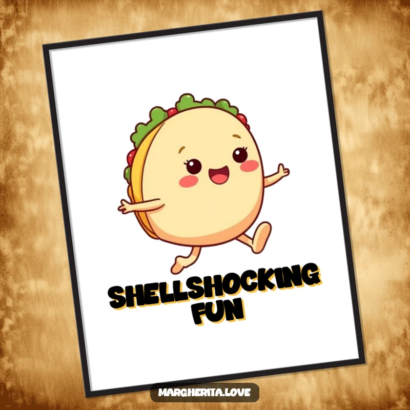 Funny taco jump digital art print of a cheerful taco with legs leaping, offering vibrant energy and humor for instant download.