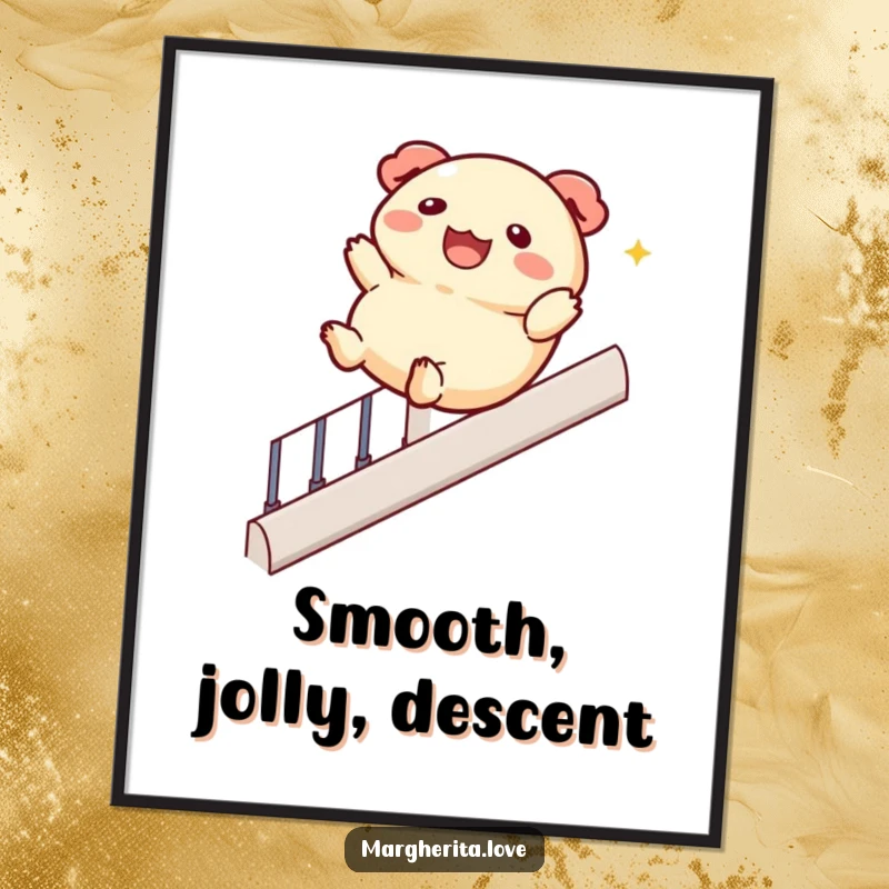 Funny digital art print of a jolly dumpling character sliding down a banister, offering instant playful humor and decor.