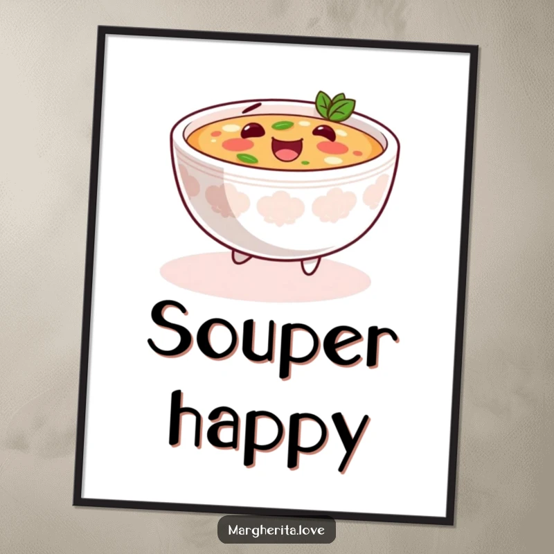 Funny soup skip digital art print of a content bowl of soup happily skipping, offering warmth and gentle humor for instant download.