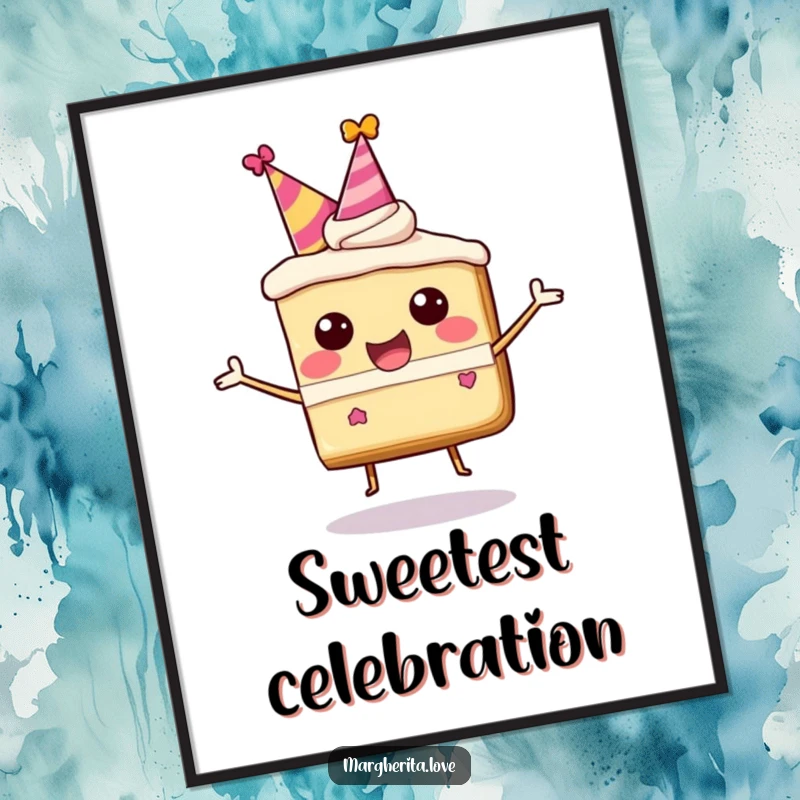 Funny digital art of a happy, bouncing cake slice character in a party hat, full of celebratory energy.