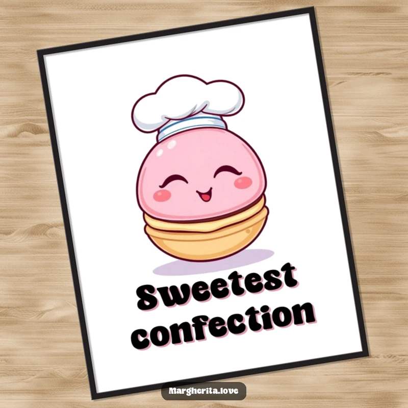 Funny digital art print of a winking macaron character in a tiny chef hat, ready for printing and display.