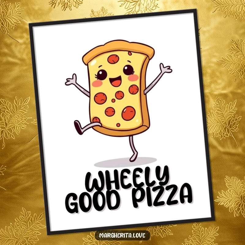 Funny pizza cartwheel digital art print, showing a happy pizza slice doing a cartwheel, perfect for humorous decor.