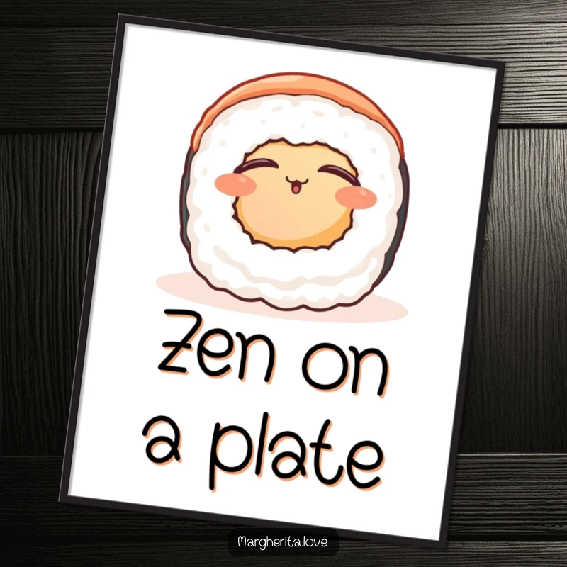 Funny contented sushi roll digital art print, a peaceful sushi roll enjoying warmth, instant serene wall art.