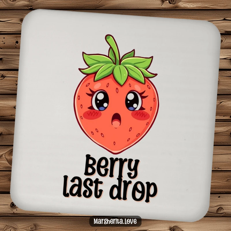 Funny drink coaster with a shocked, wide-eyed strawberry character bringing comical protection to surfaces.