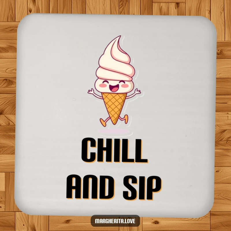 Funny ice cream coaster featuring a beaming ice cream cone joyfully skipping, perfect for adding cheerful protection.