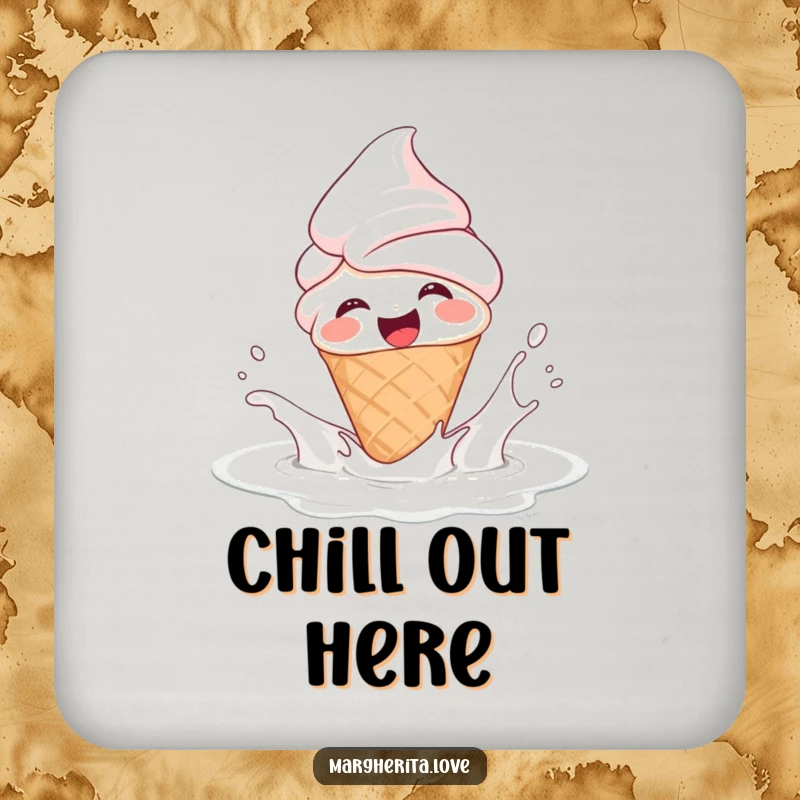 Funny drink coaster featuring a giggling ice cream cone person splashing in milk, providing sweet and humorous protection for furniture.