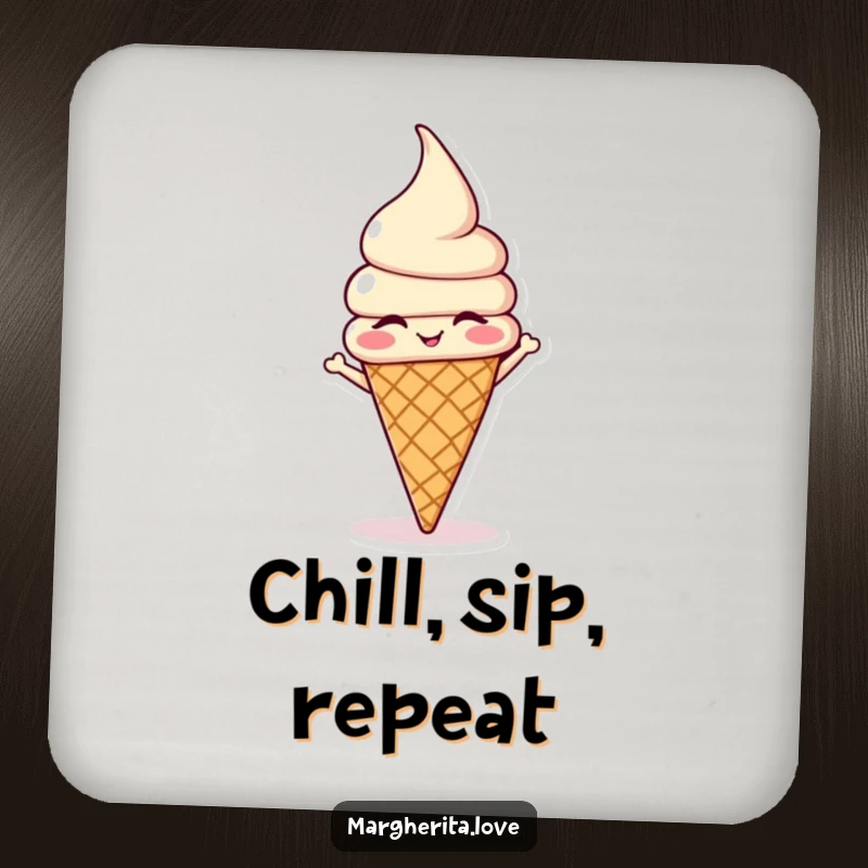 Funny winking ice cream cone doing a headstand, printed on drink coasters for humorous surface protection.