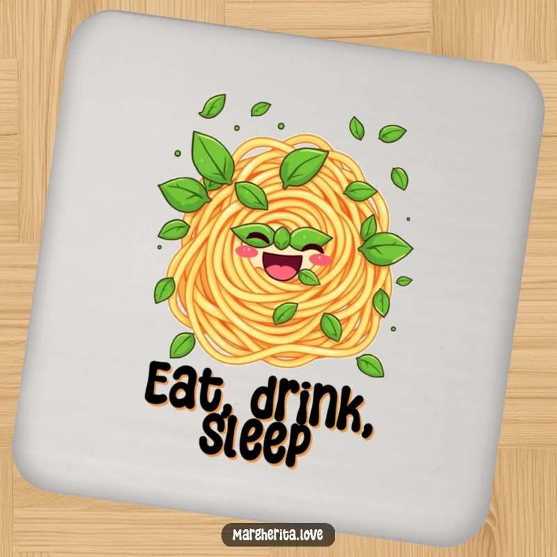 Funny coaster displaying a pasta swirl juggling basil, safeguarding furniture with a humorous culinary design.