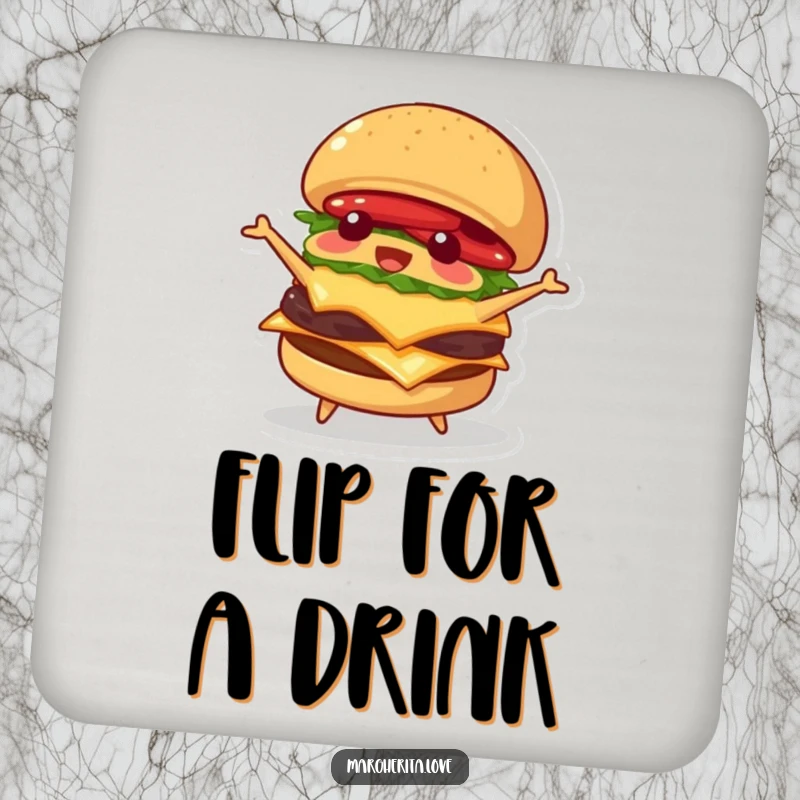 Funny drink coasters showcasing a playful burger character happily flipping itself, protecting tables with a humorous food theme.