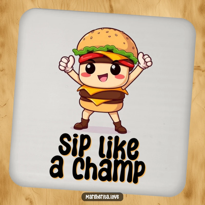 Funny proud burger hero striking a pose, printed on drink coasters for humorous surface protection.