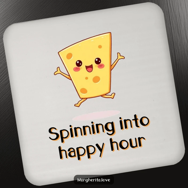 Funny cheese wedge coaster performing a ballet pirouette, protecting surfaces with dairy-inspired humor.