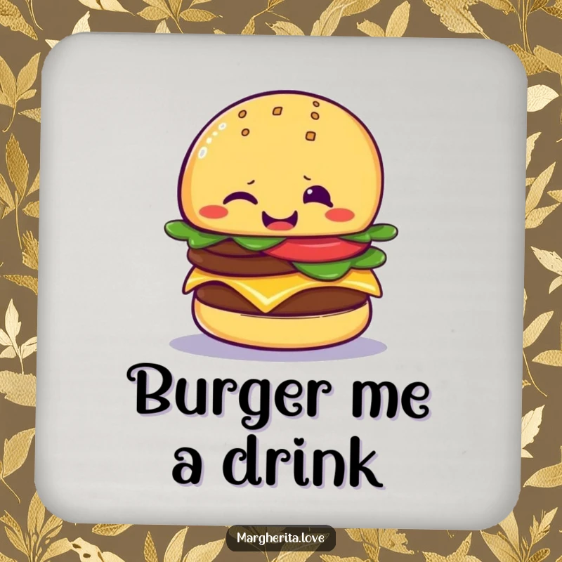 Funny cheeseburger wink drink coaster featuring a giggling cheeseburger giving a playful wink, a cheeky and humorous addition to protect tables.