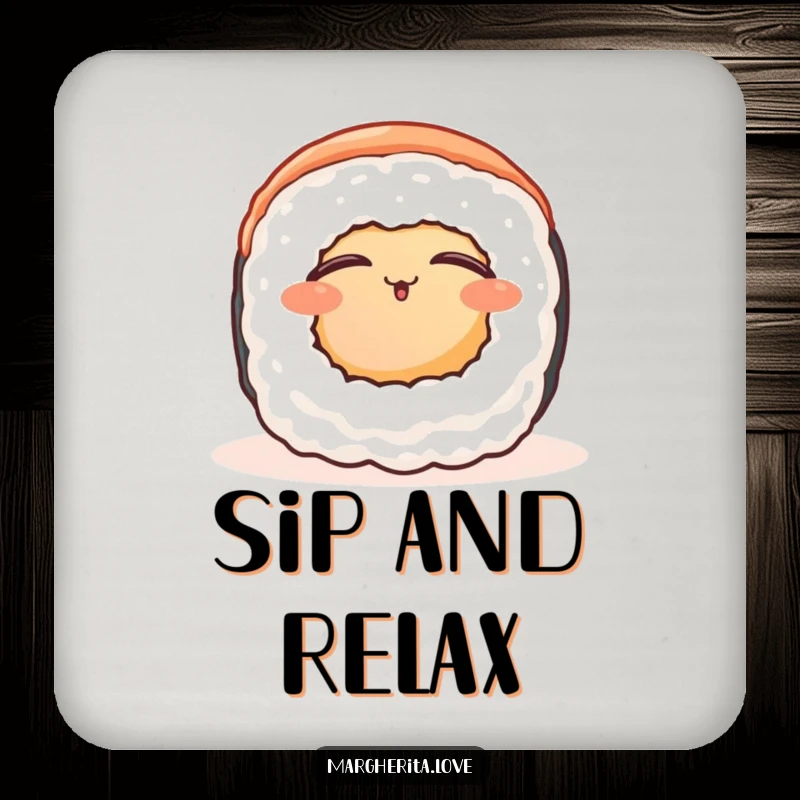 Funny contented sushi roll coaster, featuring a peaceful sushi roll enjoying warmth, adding serene protection.