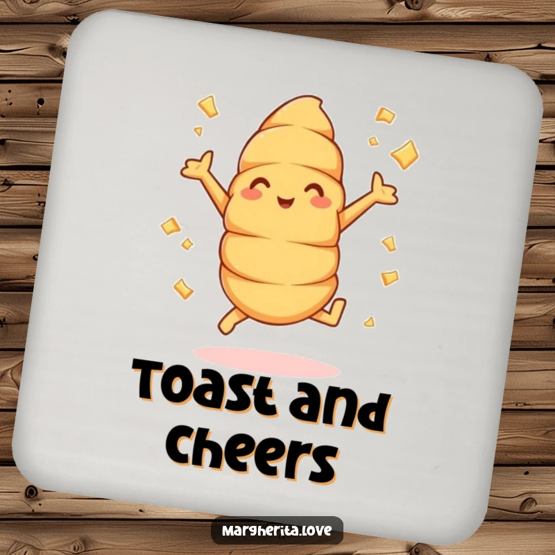 Funny croissant jumps drink coaster showing a cheerful pastry doing jumping jacks, protecting surfaces with a smile.
