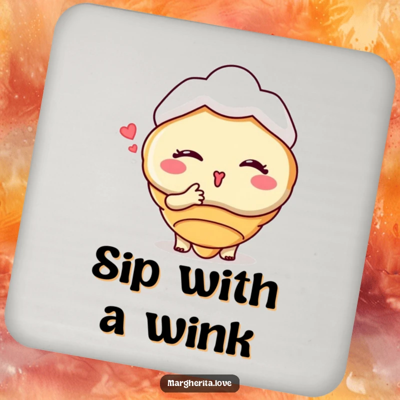 Funny drink coaster featuring a winking croissant character blowing a kiss, providing surface protection with adorable pastry charm.