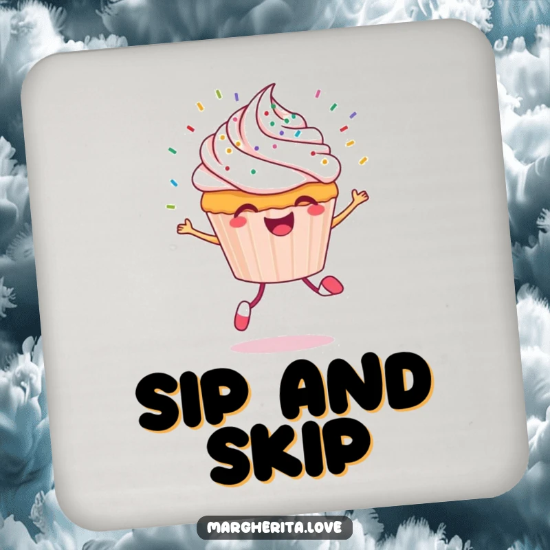 Funny cupcake coasters featuring a cheerful cupcake character skipping with colorful sprinkles flying, protecting surfaces with charm.