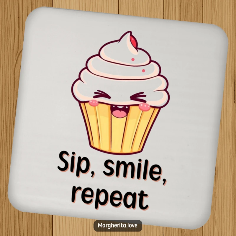 Funny drink coasters featuring a cute cupcake character giving a mischievous wink, protecting tables with a splash of humor.