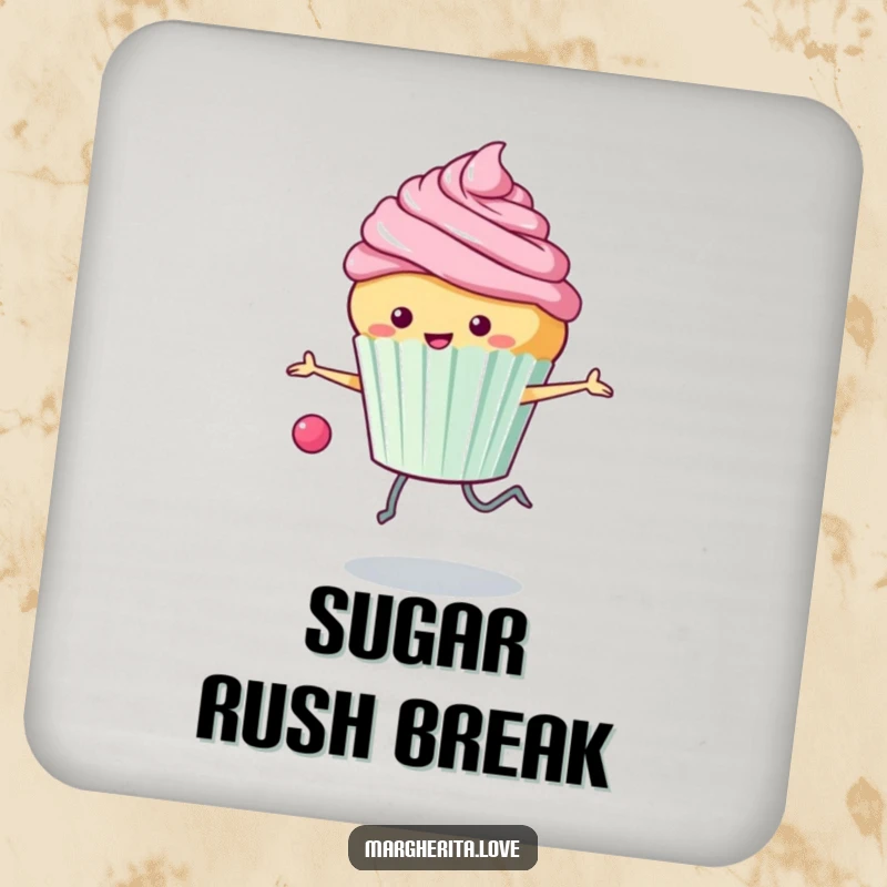 Funny drink coaster: A happy cupcake skips rope with frosting flying, offering a sweet and humorous touch to any table.