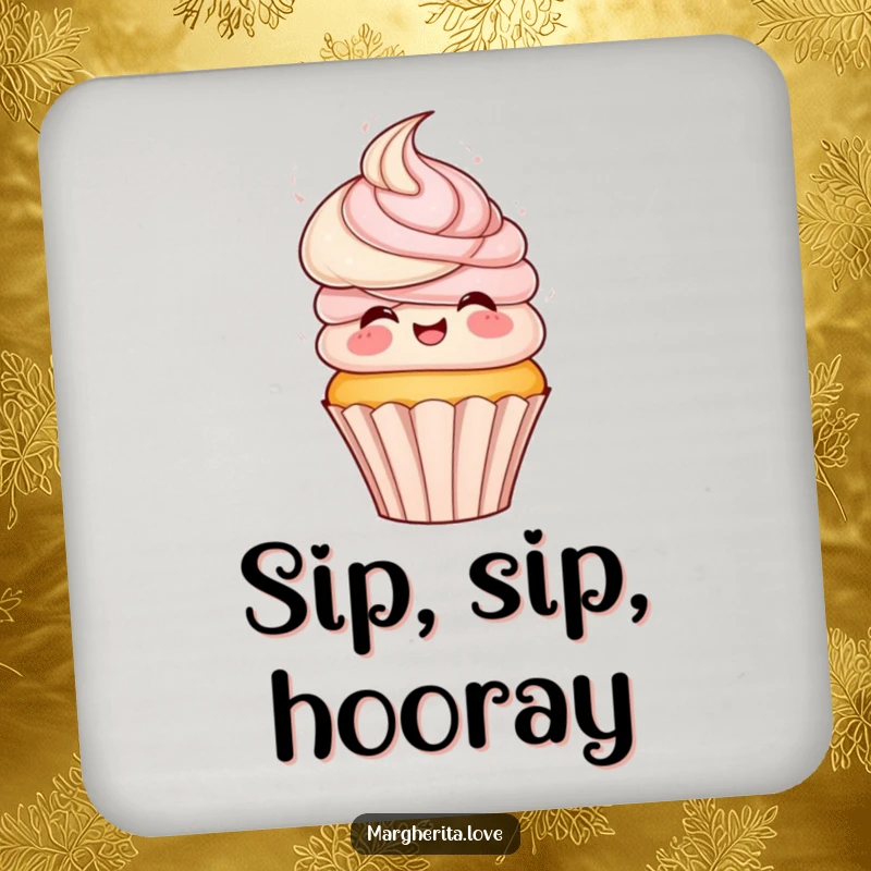 Funny drink coaster featuring a playful cupcake with frosting hair, spinning with excitement, protecting surfaces with sweetness.