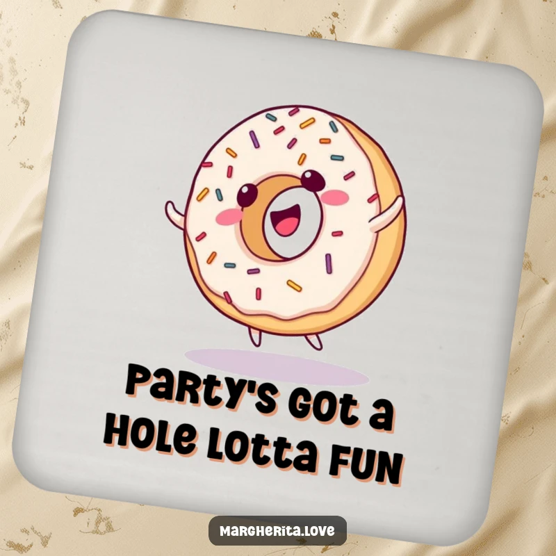 Funny drink coaster featuring a giggling donut with sprinkles, doing a cartwheel, protecting surfaces with sweetness.