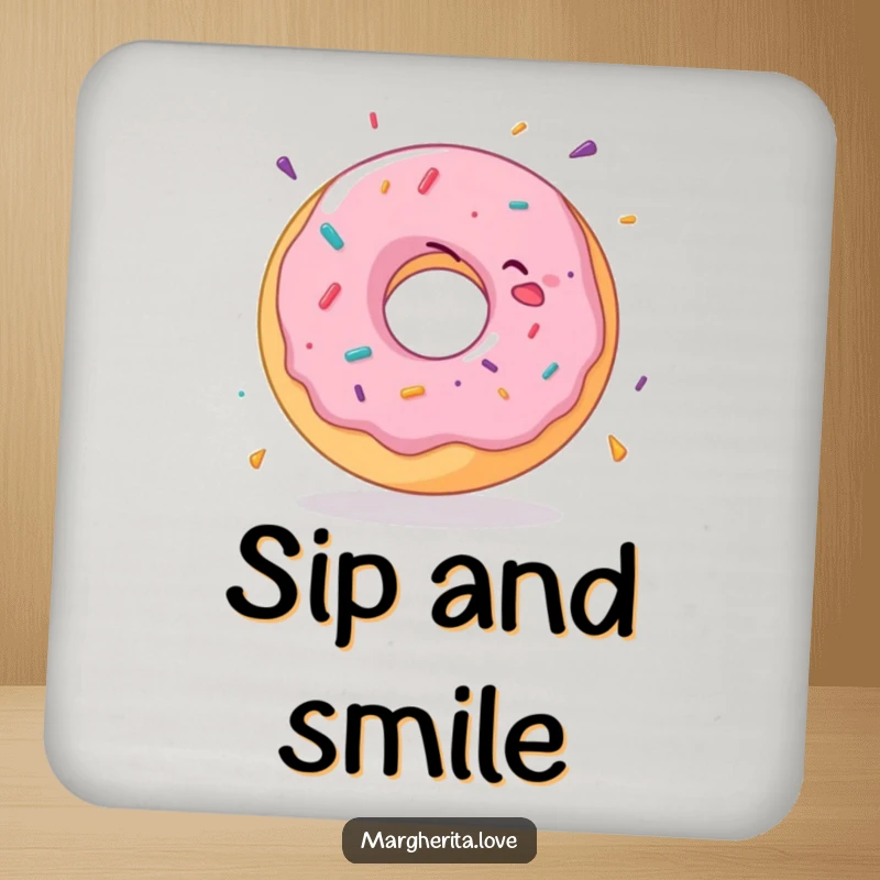 Funny donut coaster showcasing a delighted donut in a happy spin, protecting surfaces with style and humor.