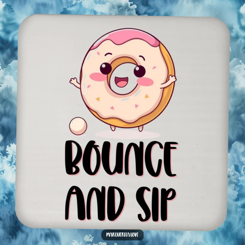 Funny donut coasters featuring a delighted donut character happily bouncing a tiny ball, protecting surfaces with charm.