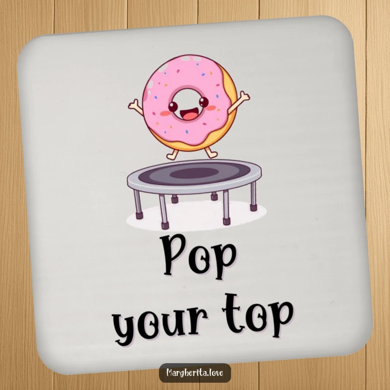 Funny bouncy donut character jumping on a trampoline, protective coaster.