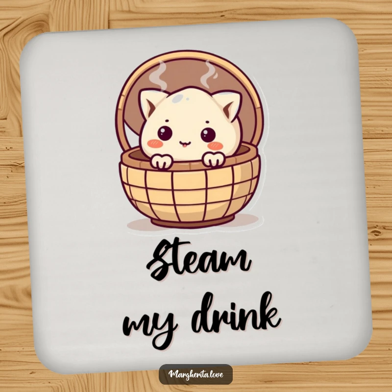 Funny curious dumpling peeking from a steaming basket, printed on drink coasters for humorous surface protection.