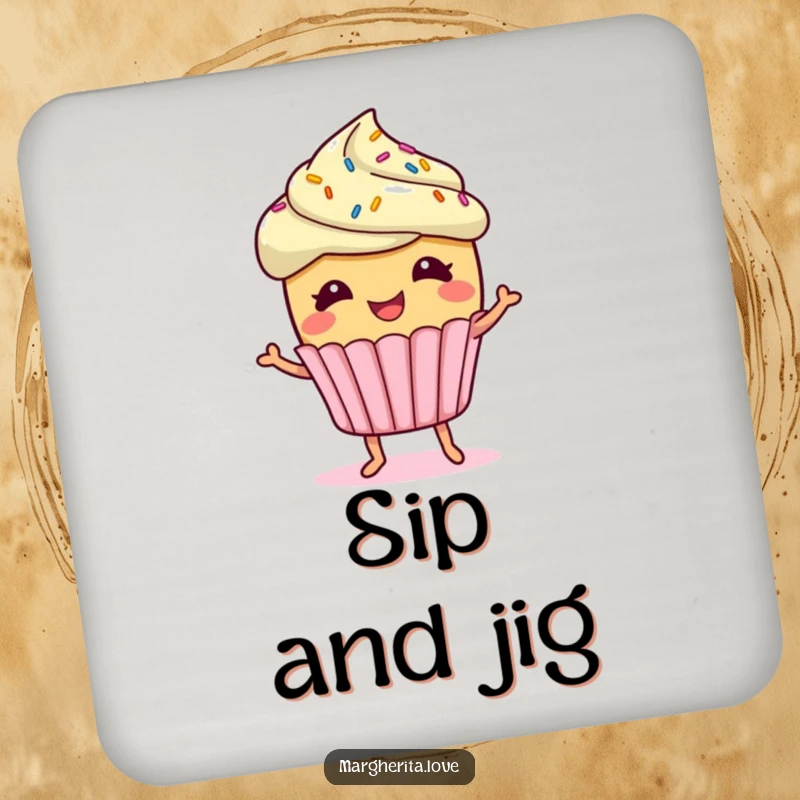 Funny giggling cupcake character with sprinkles doing a little jig, featured on a drink coaster, adding sweet cheer to tables.