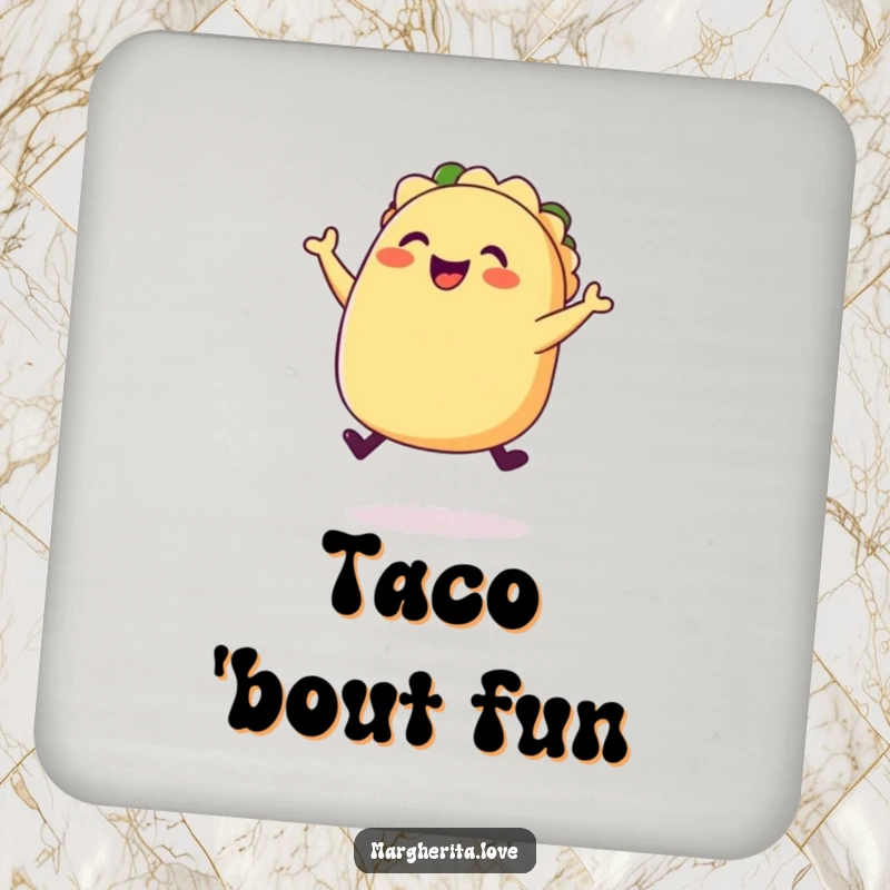 Funny happy taco jump coaster, featuring a plump, joyful taco leaping, adding festive protection.