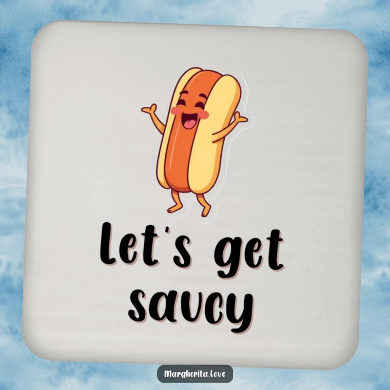 Funny drink coaster featuring a goofy hot dog character doing a silly jig, providing surface protection with a comical food theme.