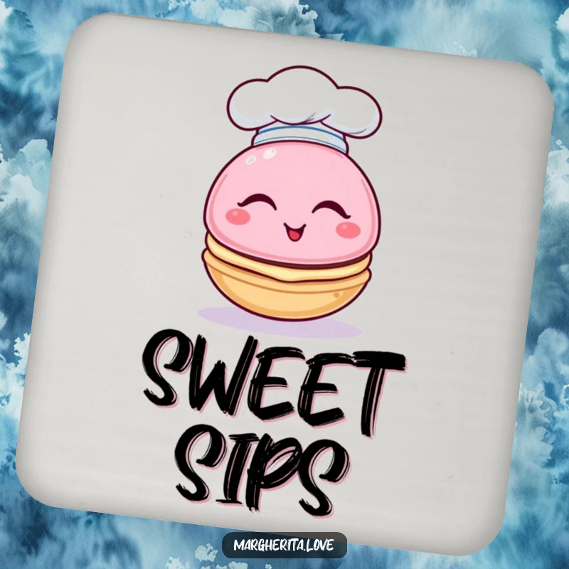 Funny drink coasters with a winking macaron character wearing a tiny chef hat, adding a sweet and humorous flair.