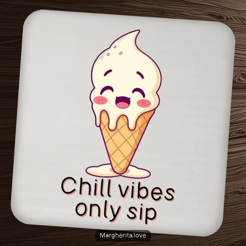Funny melting ice cream cone coasters showing a surprised character melting happily, perfect for protecting furniture with style.