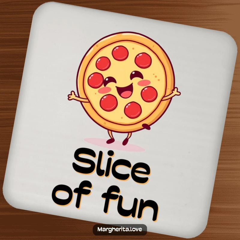 Funny pizza slice cartwheel coaster, featuring a happy, cartwheeling pizza slice, adding cheerful protection.