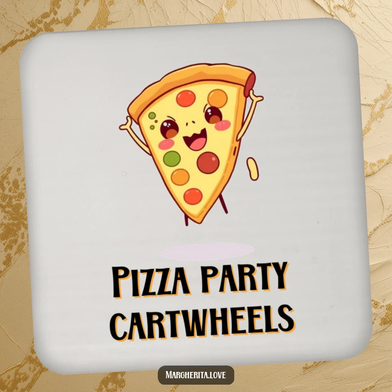 Funny coaster featuring a happy pizza slice with legs doing a cartwheel, adding playful humor and protecting surfaces, funny gift.