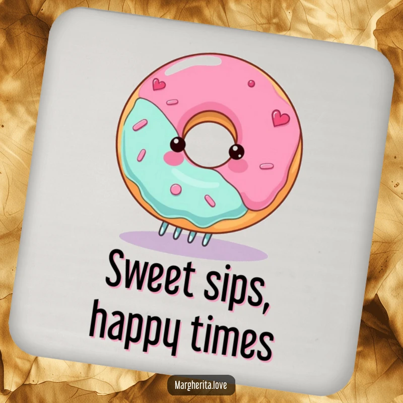 Funny spinning donut coasters showing a gleeful character on a fork, perfect for protecting furniture with style.
