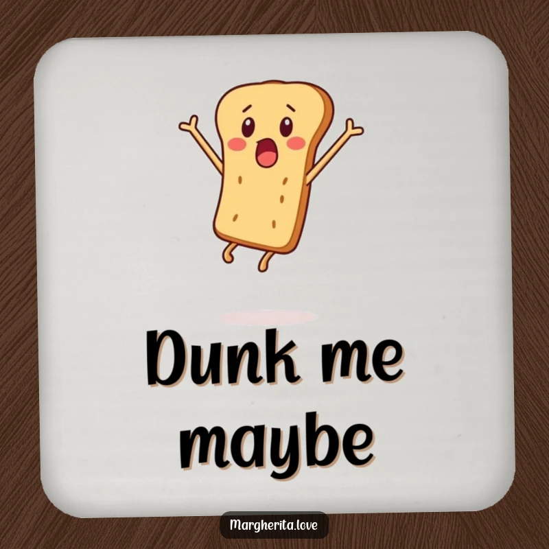 Funny coaster displaying a surprised breadstick person leaping, protecting furniture with a dose of snack-time humor.