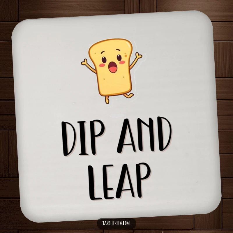 Funny coaster featuring a surprised breadstick character leaping joyfully, protecting furniture with a dose of bakery comedy.