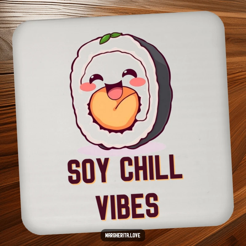 Funny sushi roll wiggle drink coaster featuring a delighted sushi roll wiggling with happiness, a charming and humorous addition to protect tables.